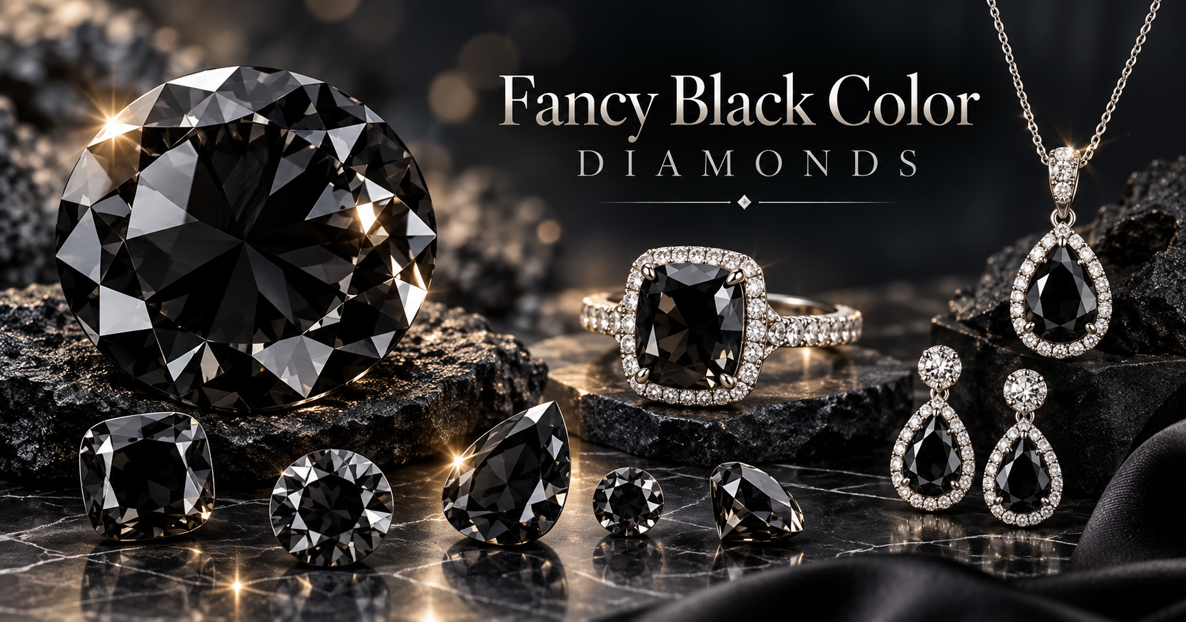 Fancy black diamond montage featuring loose black diamonds and black diamond jewelry