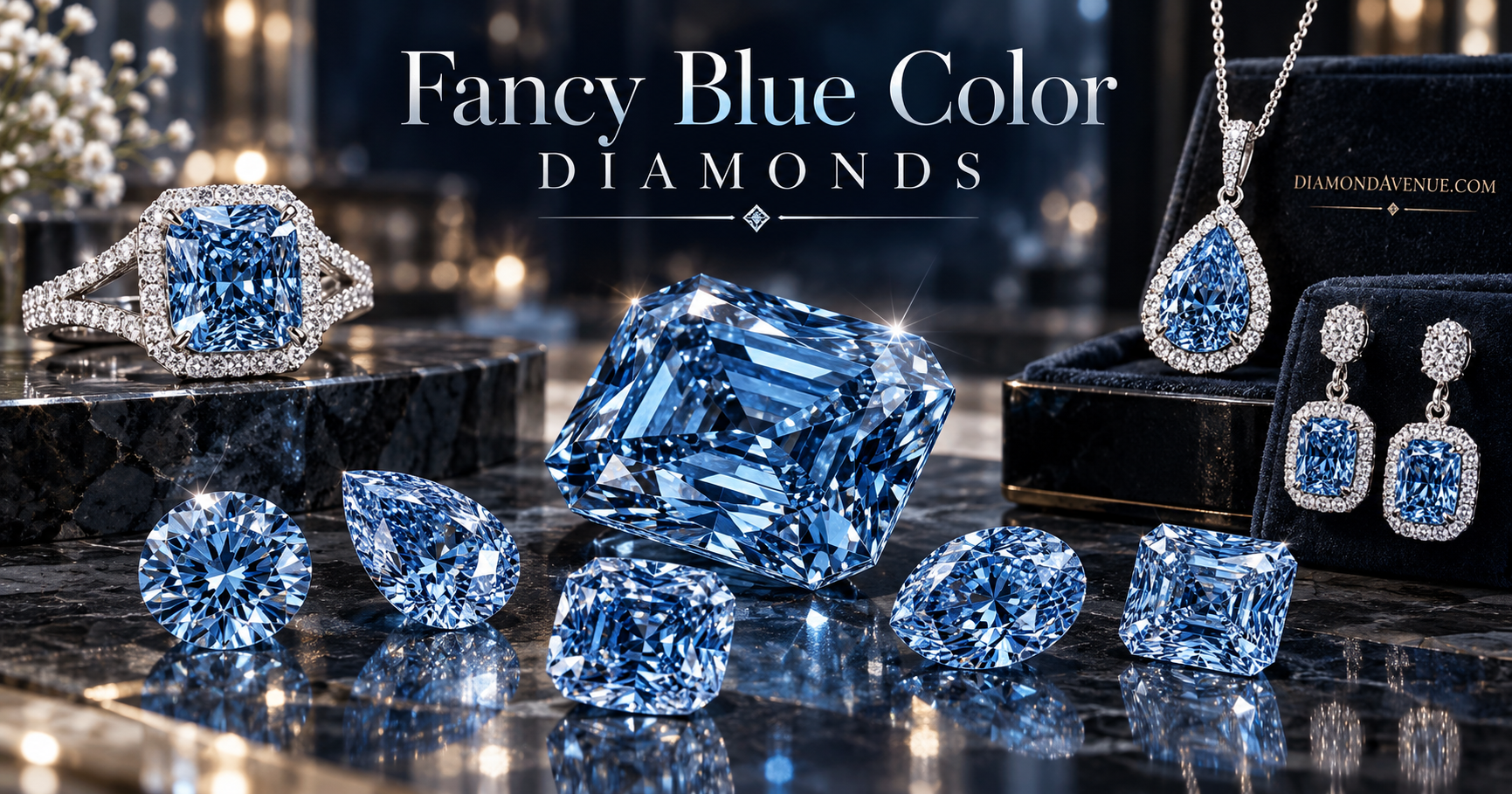 Fancy blue diamond montage featuring loose blue diamonds and blue diamond jewelry