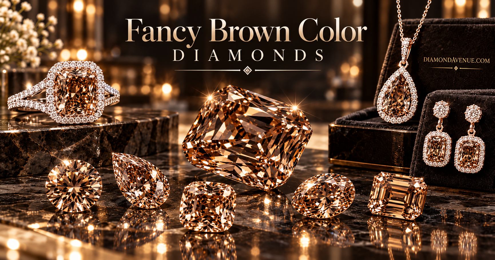 Fancy brown diamond montage featuring brown, champagne and cognac colored diamonds and jewelry
