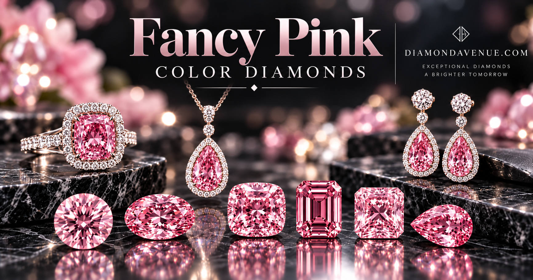 Montage of natural fancy pink diamonds showing different pink colors, intensities and secondary hues