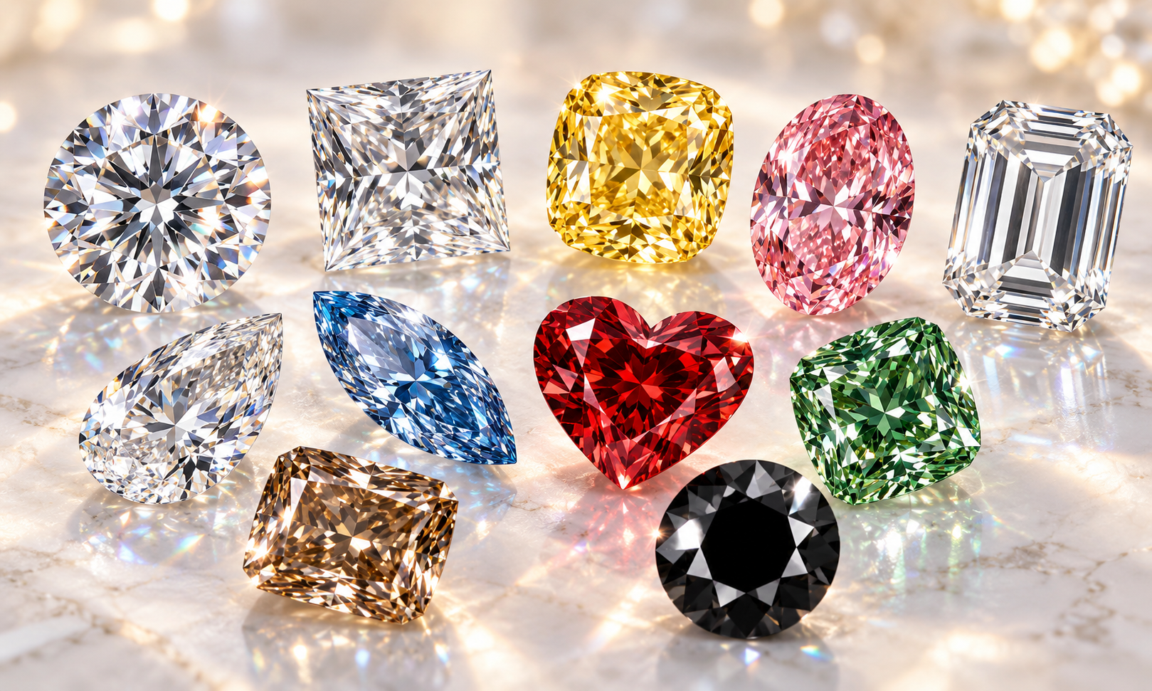 Diamonds in different shapes, sizes and colors