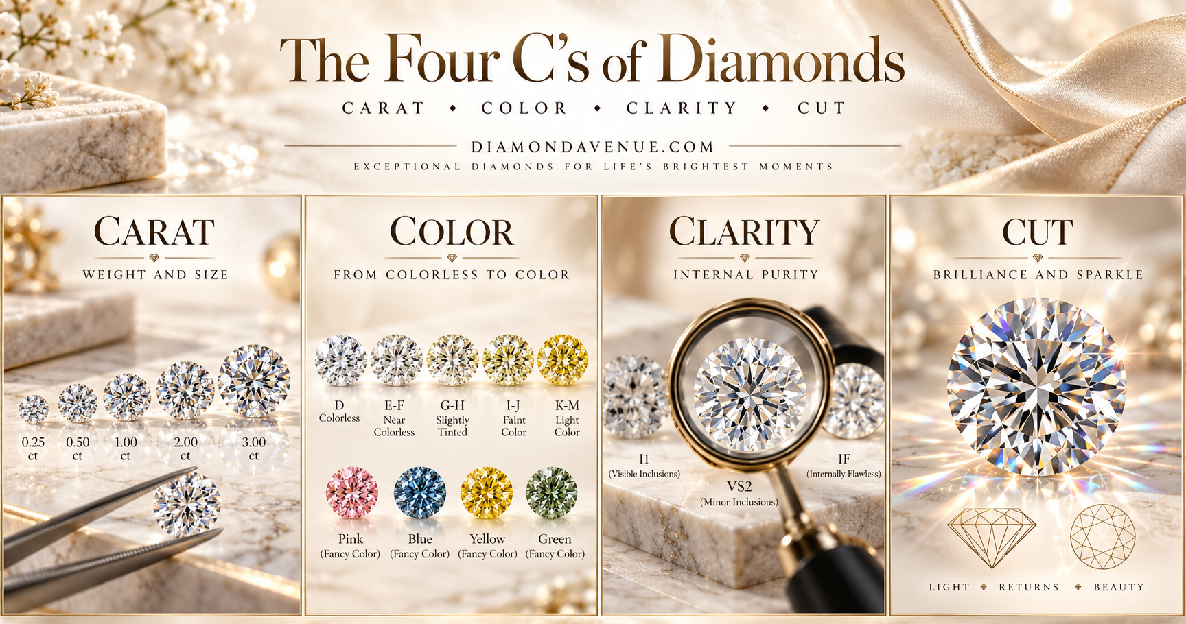 The Four Cs of diamonds montage illustrating carat weight, color, clarity and cut