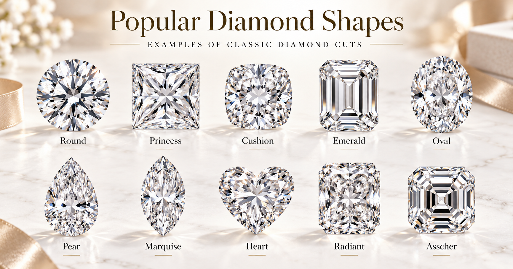 Montage showing popular diamond shapes including round, princess, cushion, emerald, oval, pear, marquise, heart, radiant and Asscher