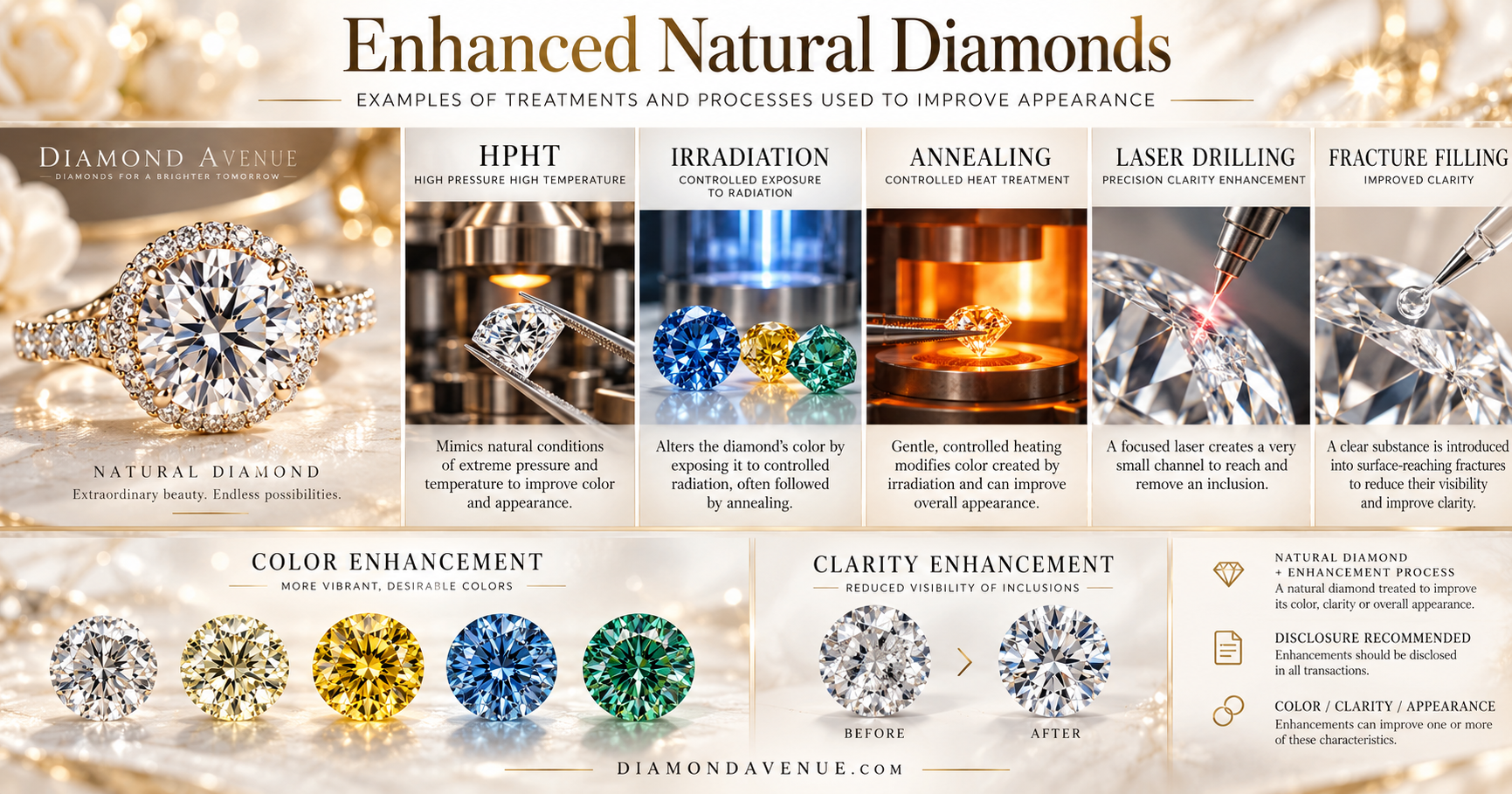Enhanced natural diamonds montage showing HPHT treatment, irradiation, annealing, laser drilling and fracture filling