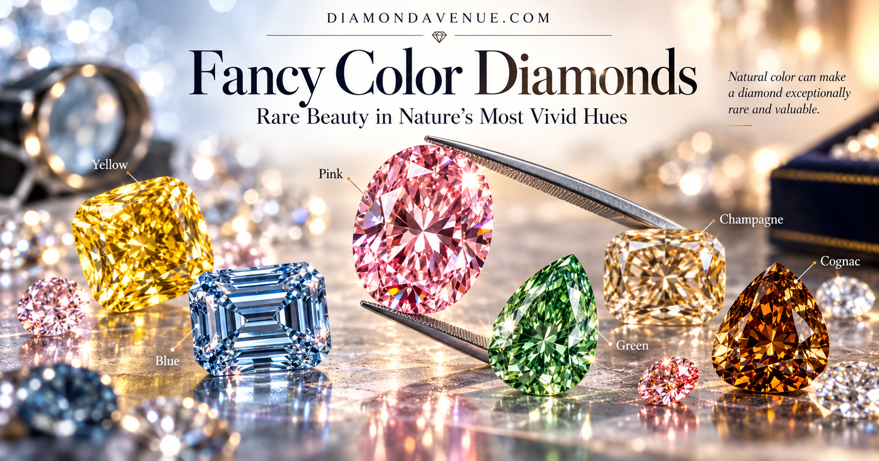 Fancy color diamonds montage featuring yellow, pink, blue, green, champagne and cognac diamonds