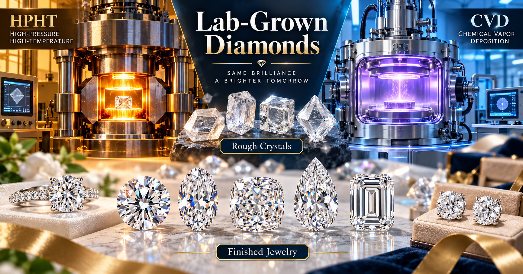Lab-grown diamonds produced using HPHT and CVD technology